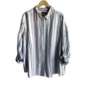 Jones New York 100% Linen 3X Blue Red White Stripe Collared Button Up Shirt Roll